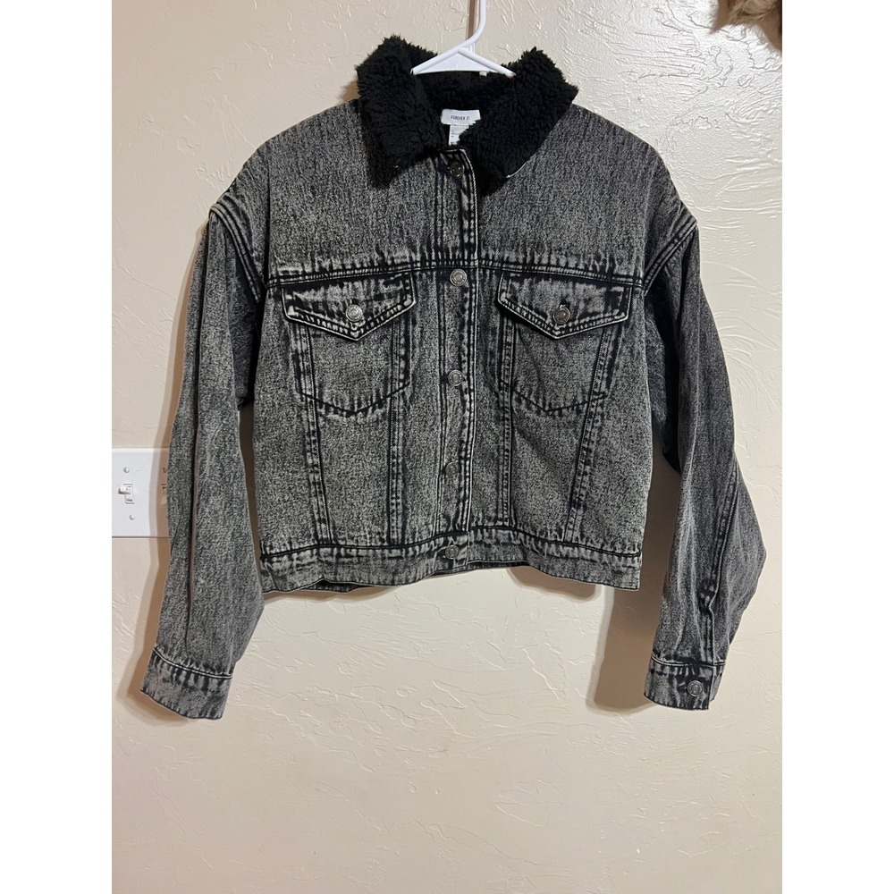 Forever 21 Womens Black Acid Wash Sherpa Lined Denim Trucker Jacket‎ Small S - Picture 8 of 10